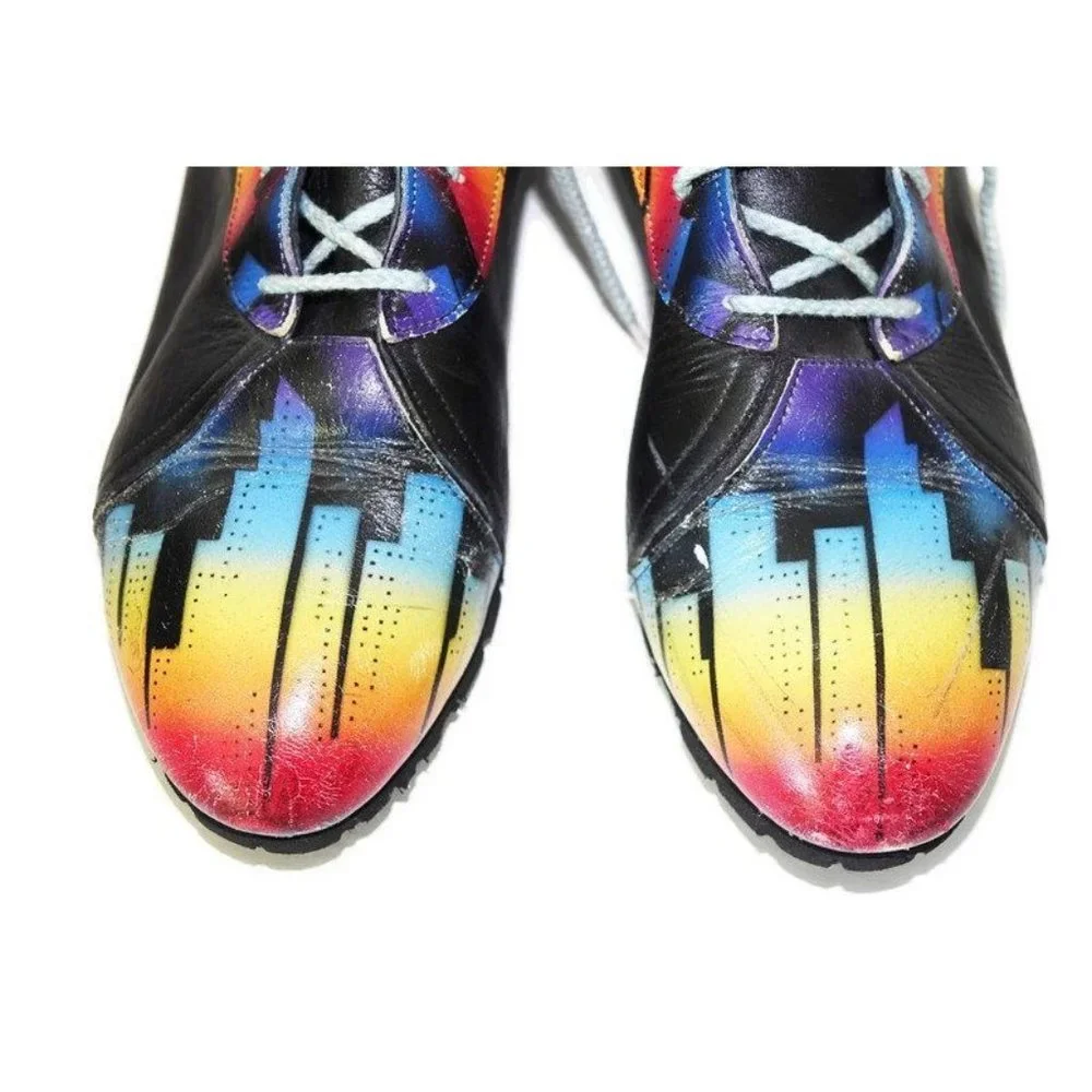 Vintage Ankle Boots Airbrushed City Skyline Painted Booties Black Leather - Picture 2 of 10